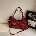 Chic dark red glossy faux leather motorcycle bag with drawstring details and pockets - Burgundy