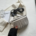 White crescent waist bag with silver chain fringe and geometric wide strap for women - Beige