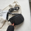 Black leather waist bag with silver chain fringe and striped woven shoulder strap - Black