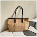 Camel suede tote bag with diamond lattice embossing and black leather straps for commute - Khaki (No Pendant)