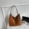 Brown suede tote bag with leather strap and golden chain detail for casual wear - Brown with Pendant
