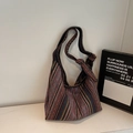 Borsa tote etnica a righe in tela con motivi geometrici e tracolla annodata a mano - Viola