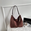 Burgundy faux suede hobo tote bag with brown leather strap and chain detail - Coffee with Pendant