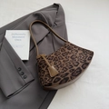 French vintage leopard print shoulder bag with dark brown leather trim and curved shape - Leopard Green