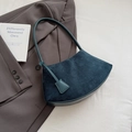 Dark green patchwork underarm bag in suede and smooth leather with a half-moon silhouette - Blue