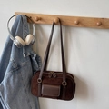 Retro dark brown suede and leather Boston bag with vintage shoulder straps - Coffee (No Pendant)
