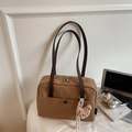 Brown canvas tote bag with leather straps and bear charm for autumn daily commute - With Charm / Brown