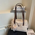 Minimalist beige canvas tote bag with brown straps and a cute teddy bear pendant - With Charm / Off White