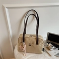 Khaki canvas tote bag with dark brown straps and cute plush bear charm for daily commute - With Charm / Light Khaki