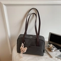 Dark grey canvas tote bag with brown leather handles and cute plush bear charm - With Charm / Dark Brown