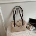 Retro beige canvas tote bag with dark brown leather handles and functional outer pocket - No Pendant / Off White