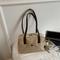 Beige canvas pillow bag with coffee leather handles and front pocket detail - No Pendant / Light Khaki