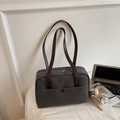 Chic charcoal canvas tote bag with long brown leather straps and vintage front pocket - No Pendant / Dark Brown