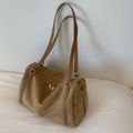 Bolso Boston vintage de cuero esmerilado marrón con correas dobles largas y cremallera de metal - Caqui