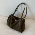 Vintage large capacity olive green frosted Boston shoulder bag with silver hardware - Olive Green