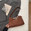 Detail of brown suede crossbody bag with horizontal leather strap and silver metal buckle - Brown No Pendant