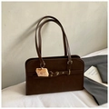 Grote retro donkerbruine draagtas van mat kunstleer met pluche toastvormige hanger - Met Hanger / Bruin