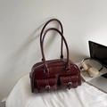 Retro burgundy boston bag with silver buckles and glossy finish for women's daily commute - Wine Red (Without Pendant)