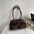 Vintage dark brown Boston pillow bag with glossy finish and silver buckle pockets - Coffee (No Pendant)