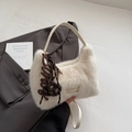 Creamy white plush tote bag with leather strap and decorative letter pendant charm - White with Pendant
