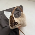 Chic cream faux fur handbag with brown handle and assorted vintage charms and key - Beige with Charm