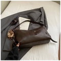 Retro dark brown faux leather crossbody bag with zipper detail and cute bear pendant - Coffee with Pendant