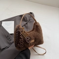 Brown faux fur handbag with 'DOG' letter charm and adjustable PU shoulder strap - Coffee with Pendant
