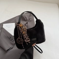 Fashionable black faux mink fur handbag with leather handle and stylish charms for women - Black with Pendant