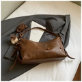 Vintage dark brown oil-wax leather shoulder bag with cute plush bear and bow charm - Brown with Pendant