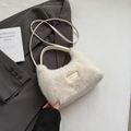 White plush faux fur crossbody bag with leather strap and love every day embroidery - White Without Pendant