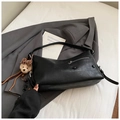 Black vintage soft leather crossbody bag with front zipper and leopard bow bear charm - Black with Pendant