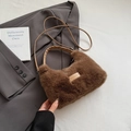 Brown fuzzy plush handbag with leather label and detachable shoulder strap for women - Brown No Pendant
