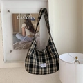 Sac Hobo à carreaux noir et blanc en tissu épais avec écusson dessin animé - Noir sans Pendentif