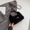 Black plush faux fur shoulder bag with leather strap and love every day tag detail - Black without Pendant