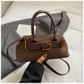 Retro dark brown suede shoulder bag with vintage gold buckle and leather strap - Matte Skin Coffee