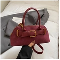 Elegant wine red suede shell bag with gold buckle hardware and detachable shoulder strap - Matte Wine Red