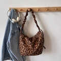 Chic leopard print canvas tote bag with ruched wide shoulder strap and zipper closure - Brown