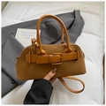 Vintage brown suede handbag with leather straps and decorative metal buckles - Matte Skin Brown