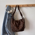 Vintage leopard print tote bag with stylish scrunchie strap and a brown canvas finish - Coffee