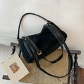 Borsa a mano Boston minimalista in pelle scamosciata nera con fibbie dorate - Grande / Nero