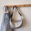 Quilted metallic silver crescent dumpling bag with black adjustable shoulder strap - Silver No Pendant