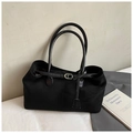 Close-up of a vintage black suede tote bag featuring fine leather straps and metal buckle - Black Small