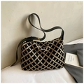 Black and beige geometric jacquard shoulder bag with leather strap and golden buckle - Black