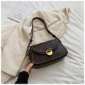 Minimalist dark brown leather shoulder bag with vintage gold round buckle detail - Retro Coffee