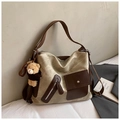 Sac fourre-tout en toile rétro beige avec détails en cuir brun et breloque ours - Avec Pendentif / Gris