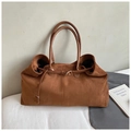 Detail of a large brown suede tote bag with slim leather straps and decorative buckles - Brown Large