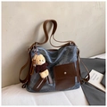 Sac à dos en toile bleu-gris et marron avec bretelles réglables et pendentif ours - Avec Pendentif / Bleu