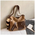 Retro brown canvas tote bag with leather pockets and a cute plush bear pendant accessory - With Charm / Brown
