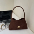 Chic dark brown faux suede underarm bag with vintage golden double ring buckle detail - Coffee