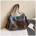 Blue washed denim tote backpack with brown leather trim and multi-pocket design - No Pendant / Blue